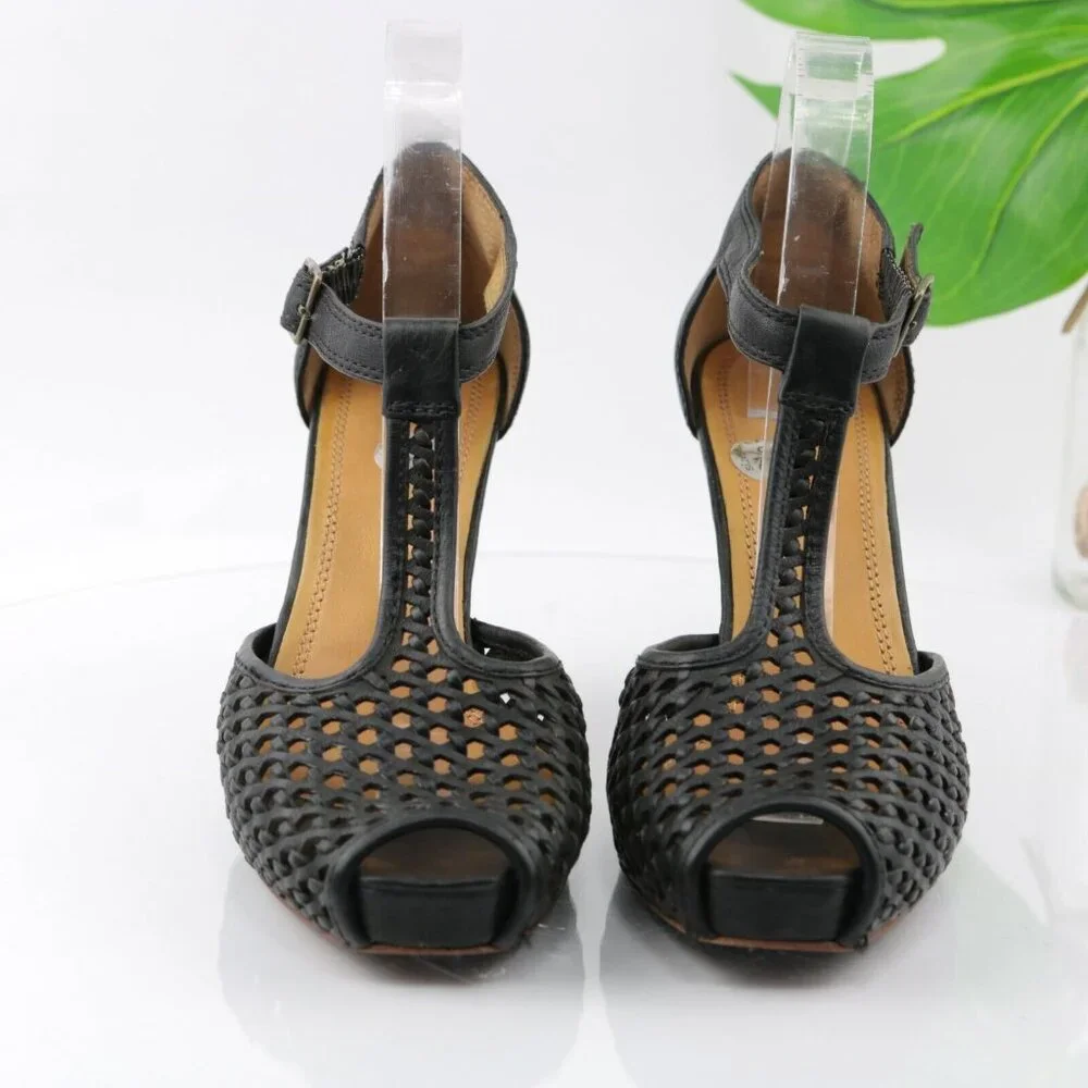 Frye Womens Gwen Sandal Size 9.5 Black Leather Woven T-Strap Wedge Heel Peep Toe - Picture 2 of 12